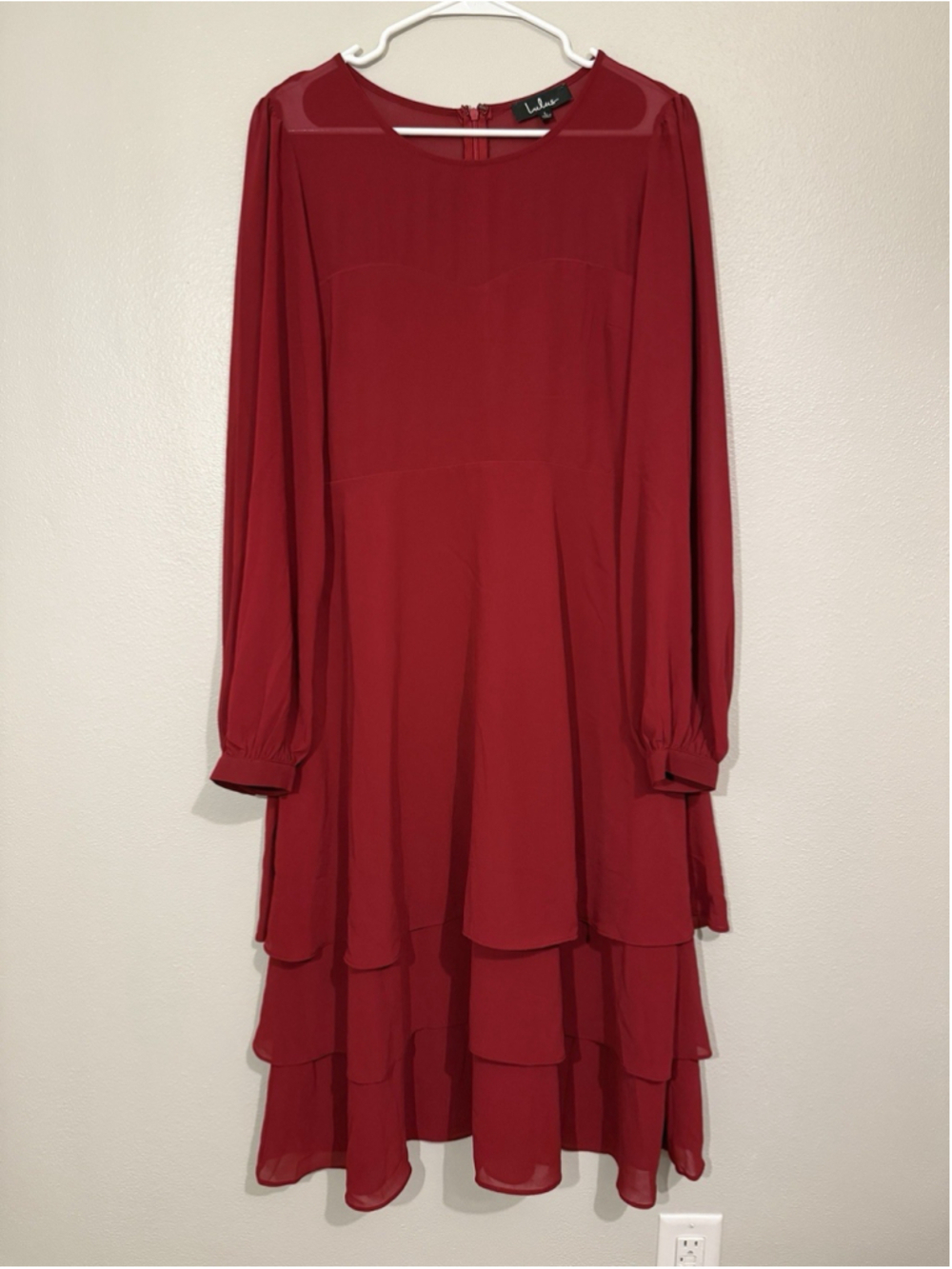 Lulus Midi Dress Burgundy Ruffled Long Balloon Sleeve Size Large Party Wedding